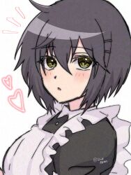 1girl absurdres amai_yume apron black_dress black_hair cropped_torso dress heart highres kure_kirika looking_at_viewer mahou_shoujo_madoka_magica mahou_shoujo_oriko_magica maid maid_apron medium_hair portrait solo white_apron white_background yellow_eyes