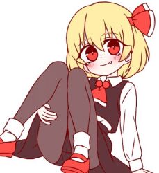 1girl ascot black_skirt black_vest blonde_hair blush bow closed_mouth collared_shirt commentary fang fang_out full_body grey_pantyhose hair_bow ketsumaimo looking_at_viewer lowres pantyhose red_ascot red_bow red_eyes rumia shirt short_hair simple_background sitting skirt skirt_set smile solo touhou vest white_background white_shirt