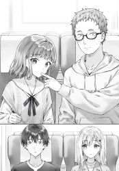 2boys 2girls asamura_yuuta ayase_saki brother_and_sister chopsticks closed_mouth collared_shirt commentary_request earrings finger_in_another&#039;s_mouth gimai_seikatsu glasses greyscale hair_ornament hairclip highres hiten_(hitenkei) holding holding_chopsticks hood hoodie jewelry light_blush long_sleeves looking_at_viewer maru_tomokazu medium_hair monochrome multiple_boys multiple_girls narasaka_maaya neck_ribbon novel_illustration official_art parted_lips ribbon second-party_source semi-rimless_eyewear shirt short_hair siblings sitting step-siblings under-rim_eyewear x_hair_ornament