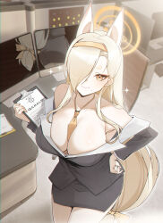 1girl absurdres bare_shoulders between_breasts black_skirt blonde_hair blue_archive breasts cleavage collarbone cowboy_shot from_above halo highres huge_breasts kaho_(blue_archive) large_breasts long_hair micasa_tto mole necktie necktie_between_breasts office_lady pencil_skirt skirt solo sparkle yellow_eyes yellow_halo yellow_necktie