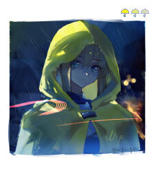 1girl artist_name artoria_pendragon_(fate) blonde_hair blue_dress blue_eyes blue_sky blurry blurry_background border closed_mouth coat commentary dress fate/stay_night fate_(series) hair_between_eyes highres hood hooded_coat looking_at_viewer night night_sky nigiri outdoors rain raincoat saber_(fate) short_hair sidelocks sky solo symbol-only_commentary upper_body white_border yellow_coat