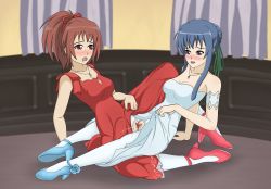 2girls absurdres aoi_nagisa arm_support blue_footwear blue_hair blue_necklace blush breasts clothed_sex clothes_lift couple dress dress_lift eye_contact flower green_ribbon hair_bun hair_ornament high_heels highres jewelry leaning_back long_hair looking_at_another medium_breasts multiple_girls necklace no_panties pantyhose pussy_juice red_dress red_footwear red_hair red_necklace red_ribbon ribbon setrakian_draws shoes single_hair_bun strawberry_panic! suzumi_tamao torn_clothes torn_legwear tribadism u00e9toile uncensored white_dress yuri