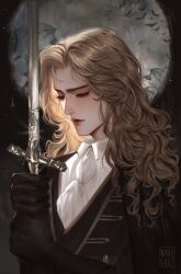 1boy absurdres alucard_(castlevania) ascot bishounen black_background black_cape black_gloves black_jacket brown_hair cape castlevania:_symphony_of_the_night castlevania_(series) closed_eyes closed_mouth dhampir gloves half-human highres holding holding_sword holding_weapon jacket long_hair male_focus nigelgraz shirt solo sword undead upper_body vampire wavy_hair weapon white_ascot white_shirt