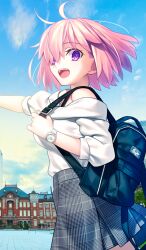 1girl :d backpack bag black_bag blue_sky breasts cloud commentary_request cowboy_shot day fate/grand_order fate_(series) floating_hair game_cg grey_skirt hair_over_one_eye hand_up holding_strap looking_at_viewer mash_kyrielight medium_hair miniskirt off-shoulder_shirt off_shoulder official_alternate_costume official_art open_mouth outdoors outstretched_arm photo_background pink_hair pleated_skirt purple_eyes shirt skirt sky smile solo takeuchi_takashi third-party_source three-quarter_sleeves watch white_shirt wristwatch