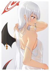 1girl absurdres bare_arms black_wings blue_archive braid breasts dress from_side grey_background halo haruna_(blue_archive) highres loeldrive long_hair profile red_eyes red_halo single_braid single_wing sleeveless sleeveless_dress small_breasts solo straight_hair very_long_hair white_dress white_hair wings