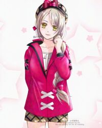 1girl closed_mouth fire_emblem fire_emblem_engage flat_cap framme_(fire_emblem) hat hiruhino jacket nintendo pink_jacket plaid_clothes plaid_hat plaid_shorts shorts solo yellow_eyes