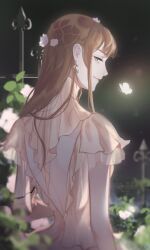 1girl absurdres back_cutout baixue_fuchunting bare_arms bare_back brown_hair bug butterfly character_request chinese_commentary closed_mouth clothing_cutout commentary dress earrings eyelashes fence flower from_behind garden gold_earrings green_eyes hair_flower hair_ornament hair_over_one_eye highres hoop_earrings insect jewelry light_particles lips long_hair looking_at_viewer looking_back night night_sky nikki_(series) outdoors pink_dress pink_flower pink_lips pink_rose pleated_sleeves pointy_nose rose shining_nikki short_sleeves shoulder_blades sky smile solo turtleneck turtleneck_dress upper_body white_butterfly white_flower