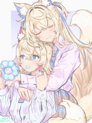 2girls absurdres alternate_costume animal_ear_fluff animal_ears blonde_hair blue_eyes blue_hair blue_nails blush closed_mouth collared_shirt commentary commentary_request dog_ears dog_girl dog_tail donut food food_in_mouth fuwawa_abyssgard hands_on_own_hips highres hololive hololive_english hug long_hair looking_at_viewer mococo_abyssgard mouth_hold multicolored_hair multiple_girls nail_polish pink_hair pink_nails pon_de_ring shirt short_hair siblings sisters smile streaked_hair tail twins two_side_up very_long_hair virtual_youtuber white_shirt yuri_kyanon