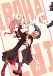 2girls aqua_eyes aqua_neckerchief back-to-back bare_arms black_dress black_hairband black_shoes blonde_hair blue_eyes blue_sailor_collar blue_skirt boots braid braided_ponytail breasts brown_cardigan cardigan character_name china_dress chinese_clothes commentary dress earrings full_body grin hairband high_heel_boots high_heels highres hololive hyde_(tabakko) jewelry kazama_iroha kazama_iroha_(school_uniform) kneehighs large_breasts layered_dress loafers locked_arms long_hair looking_at_another low_twin_braids medium_hair miniskirt multiple_girls neckerchief official_alternate_costume official_alternate_hairstyle open_mouth pink_hair pleated_skirt red_boots sailor_collar school_uniform shirt shoes side_slit simple_background skirt sleeveless sleeveless_dress smile socks swept_bangs symbol-only_commentary takane_lui takane_lui_(5th_costume) tassel tassel_earrings thigh_strap twin_braids virtual_youtuber white_shirt white_socks
