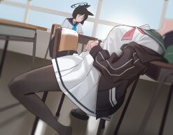 black_hair black_jacket black_pantyhose blue_archive breasts chair classroom desk highres indoors jacket kazusa_(blue_archive) kikyou_(blue_archive) leaning_back leaning_to_the_side looking_at_another medium_breasts momocadraw own_hands_together pantyhose pleated_skirt school_chair school_desk school_uniform serafuku sitting skirt white_serafuku