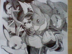 armor cape creatures_(company) eevee facial_hair game_freak garchomp gen_1_pokemon gen_4_pokemon hair_ornament hero_(pokemon_conquest) japanese_clothes mustache nintendo oda_nobunaga on_shoulder open_mouth photo_(medium) pikachu pokemon pokemon_(creature) pokemon_conquest pokemon_on_shoulder sengoku_musou sketch topknot