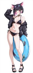 1girl animal_ears bikini black_bikini black_choker black_hair black_hoodie black_sandals blue_archive blue_innertube blush breasts cat_choker cat_ears choker closed_mouth collarbone colored_inner_hair ear_piercing earclip earrings extra_ears grey-framed_eyewear groin hair_behind_ear halo highres holding holding_swim_ring hood hoodie innertube jewelry kazusa_(blue_archive) large_breasts long_sleeves looking_at_viewer marisasu_(marisa0904) medium_hair multicolored_hair navel open_clothes open_hoodie piercing pink_eyes pink_hair pink_halo purple-tinted_eyewear sandals side-tie_bikini_bottom simple_background smile solo stomach sunglasses swim_ring swimsuit thighs tinted_eyewear two-tone_hair white_background