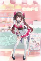 1girl alternate_costume breasts brown_hair cleavage enmaided full_body highres honkai:_star_rail honkai_(series) long_hair looking_at_viewer maid o-ring o-ring_thigh_strap omelet_tomato smile solo sparkle_(honkai:_star_rail) standing thigh_strap thighhighs twintails white_thighhighs zettai_ryouiki