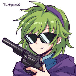 1girl alonemistrist closed_mouth commentary english_commentary fire_emblem fire_emblem:_the_blazing_blade green_hair gun hairband holding holding_gun holding_weapon meme nino_(fire_emblem) nintendo purple_hairband short_hair smile solo sunglasses upper_body weapon white_background