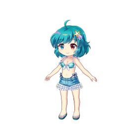 Rule 34 | 1girl, a-pose, ahoge, bikini, blue bikini, blue eyes, blue hair, blue sandals, breasts, chibi, cleavage, feet, flip-flops, frilled bikini, frills, full body, heterochromia, highres, karakasa obake, medium breasts, red eyes, rotte (1109), sandals, shell hair ornament, short hair, simple background, smile, solo, sprite, starfish hair ornament, swimsuit, tatara kogasa, tatara kogasa (beach umbrella castaway), toenails, toes, touhou, touhou lostword, umbrella, white background