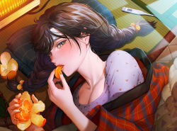 1girl blush braid breasts brown_hair cleavage cold_pack commentary_request digital_thermometer eating female_focus fever food food-themed_hair_ornament freckles fruit green_eyes hair_ornament hanten_(clothes) heart heart_print heater ice_pack kotatsu lips looking_at_viewer lying mandarin_orange medium_breasts mole mole_under_eye nail_polish on_floor on_side orange_(fruit) orange_hair_ornament orange_nails orange_peel orange_slice original plaid sick signature solo table tajima_yukie tatami thermometer twin_braids twintails upper_body yellow_eyes