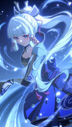 1girl armor ayaka_(genshin_impact) blue_background blue_eyes blue_jacket blue_skirt blunt_bangs blunt_tresses breastplate breasts check_clothing cleavage closed_mouth clothing_request collarbone commentary cowboy_shot folding_fan genshin_impact grey_hair hand_fan highres holding holding_fan jacket long_hair looking_at_viewer mole mole_under_eye ponytail revision signature skirt small_breasts smile so_zei_tama_tama solo