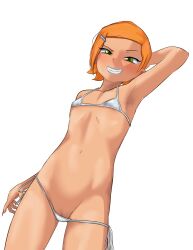 Rule 34 | absurdres, armpits, ben 10, bikini, green eyes, gwen tennyson, highres, lipstick, makeup, nail polish, peeking, red hair, shakuraya, smile, swimsuit