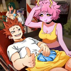 Rule 34 | &gt; &lt;, 1boy, 3girls, artist name, ashido mina, asui tsuyu, bandages, bed, black choker, black sclera, blush, boku no hero academia, breasts, choker, cleavage, collarbone, colored sclera, colored skin, commentary, cosmetics, english commentary, flying sweatdrops, green hair, highres, holding, holding lipstick tube, horns, hospital bed, ice pack, kirishima eijiro, large breasts, lipstick tube, long hair, long tongue, looking at another, lying, multiple girls, navel, old, old woman, on back, open mouth, pink hair, pink skin, recovery girl, sharp teeth, shirt, smile, snegovski, tank top, teeth, thumbs up, tongue, tongue out, torn clothes, white shirt, yellow eyes, yellow tank top