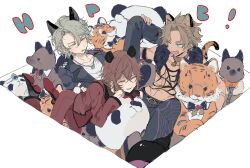 Rule 34 | 3boys, animal ears, blonde hair, busujima tsukumo, dankira!!!, dark-skinned male, dark skin, green eyes, grey hair, habashiri ginko, long hair, male focus, multiple boys, panda boy, panda ears, panda tail, red hair, short hair, sneezecoon, stuffed animal, stuffed panda, stuffed tiger, stuffed toy, stuffed wolf, tail, tiger boy, tiger ears, tiger tail, tsubaki seito, white background, wolf boy, wolf ears, yellow eyes