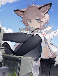1girl absurdres ahoge animal_ears arknights black_pantyhose blue_eyes chinese_commentary closed_mouth commentary_request cross extra_ears fox_ears fox_girl fox_tail giant giantess gloves highres material_growth meiwei_de_jianbing oripathy_lesion_(arknights) pantyhose pink_hair red_cross short_hair sky solo sussurro_(arknights) tail white_gloves