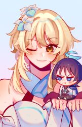 1boy 1girl alphastroo black_bodysuit black_bow black_gloves black_hair black_shorts blonde_hair blue_cape blue_eyes blue_flower blue_kimono blue_scarf blue_trim blunt_ends blush bodysuit bow cape cheek_bulge closed_mouth detached_sleeves dress flower frown furisode genshin_impact gloves hair_between_eyes hair_flower hair_ornament halterneck highres japanese_clothes juban kimono looking_at_another looking_at_viewer lumine_(genshin_impact) mini_person miniboy multicolored_flower one_eye_closed partially_fingerless_gloves purple_sash sash scaramouche_(genshin_impact) scarf short_hair short_hair_with_long_locks shorts sidelocks smile v-shaped_eyebrows wanderer_(genshin_impact) white_background white_dress white_flower white_kimono white_scarf white_sleeves white_trim wispy_bangs yellow_eyes