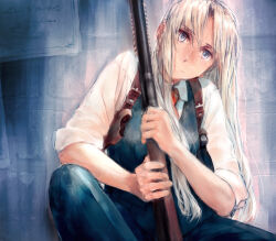 1girl against_wall black_pants black_vest blonde_hair blue_eyes closed_mouth collared_shirt dark-skinned_female dark_skin dress_shirt feet_out_of_frame flat_chest gun gunslinger_girl hair_between_eyes holding holding_gun holding_weapon light_frown long_hair necktie painterly pants pump_action red_necktie shirt shotgun sitting sleeves_rolled_up solo solo_focus triela vest weapon white_shirt winchester_model_1897 yukiguni_(ykgn)