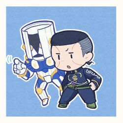 1boy belt black_hair chibi commentary_request diamond_wa_kudakenai full_body grey_hair hands_on_own_hips highres jacket jojo_no_kimyou_na_bouken kasasagi_(hinagi) long_sleeves male_focus multicolored_hair nijimura_okuyasu open_mouth scar scar_on_face stand_(jojo) the_hand_(stand) undercut