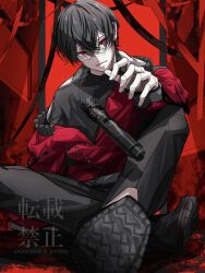 1boy black_pants black_shirt black_shoes closed_mouth collared_jacket commentary_request crossed_bangs crossed_legs cursive dated full_body hair_between_eyes hashtag-only_commentary highres hisumi_(vtuber) isumisumi jacket long_bangs long_sleeves looking_at_viewer male_focus microphone on_ground pants partially_shaded_face red_background red_eyes red_jacket shirt shoes short_hair signature sitting solo turtleneck turtleneck_shirt unworn_jacket vee_(vtuber) virtual_youtuber watermark