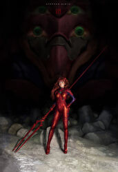 Rule 34 | 1girl, absurdres, artist name, blue eyes, bodysuit, breasts, commentary, english commentary, eva 02, gloves, hand on own hip, highres, holding, holding polearm, holding weapon, interface headset (evangelion), long hair, long sleeves, looking at viewer, mecha, mecha pilot suit, medium breasts, neon genesis evangelion, nose, parted lips, plugsuit (evangelion), polearm, realistic, red bodysuit, red gloves, red hair, red lips, robot, skin tight, solo, souryuu asuka langley, standing, stephen njoto, weapon, wide shot
