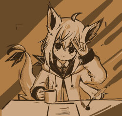 ahoge animal_ears arm_up blush bow bright_pupils brown_theme collared_shirt crossed_bangs cup dot_nose drawstring empty_eyes fox_ears fox_girl fox_tail hair_between_eyes hand_on_own_head hatching holding holding_cup hood hood_down hoodie inkwell long_hair long_sleeves looking_at_viewer monochrome mug neck_ribbon original paper quill ribbon sepia shirt smile table tail tail_bow tail_ornament upper_body v white_pupils zhu_(pixiv_36470540)