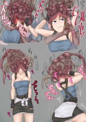 1girl 1other ass ass_shake black_gloves black_hair blue_eyes breasts brown_hair capcom cleavage creature drooling gloves grabbing_from_behind grey_background highres hugging_object japanese_text jill_valentine panties police police_uniform policewoman resident_evil resident_evil_3:_nemesis resident_evil_3_(remake) short_hair simple_background skirt struggling stuck translation_request underwear upskirt vore white_panties wintermute_(artist)