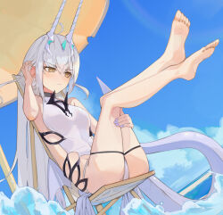 1girl absurdres bare_shoulders barefoot beach_chair beach_umbrella blue_sky breasts caat106 dragon_tail fate/grand_order fate_(series) forked_eyebrows highres horns jewelry long_hair melusine_(fate) melusine_(swimsuit_ruler)_(fate) melusine_(swimsuit_ruler)_(second_ascension)_(fate) one-piece_swimsuit sidelocks sky small_breasts solo swimsuit tail thighlet umbrella white_hair white_one-piece_swimsuit yellow_eyes