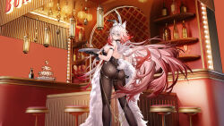 1girl absurdres alina_(echocalypse) animal_ear_fluff animal_ear_hairband animal_ears ass bar_(place) bar_stool black_gloves black_leotard bottle breasts echocalypse fake_animal_ears gloves gradient_hair grey_eyes hairband highres holding holding_tray leotard long_hair median_furrow multicolored_hair official_art pantyhose playboy_bunny rabbit_ear_hairband rabbit_ears red_hair second-party_source semi-rimless_eyewear solo stool tail tray white_hair white_wings wings