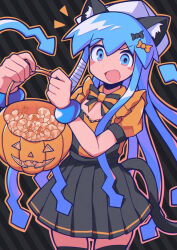 1girl :d absurdres alternate_costume animal_ears bad_id bad_twitter_id black_background black_dress black_thighhighs blue_eyes blue_hair blush_stickers bow bucket cat_ears cat_girl cat_tail commentary cowboy_shot diagonal-striped_background dress emphasis_lines hair_between_eyes halloween halloween_bucket halloween_costume hat highres holding holding_bucket ikamusume jack-o&#039;-lantern kemonomimi_mode long_hair long_sidelocks looking_at_viewer open_mouth orange_bow orange_dress orange_outline outline pleated_dress puffy_short_sleeves puffy_sleeves raised_eyebrow shinryaku!_ikamusume short_sleeves shrimp sidelocks signal_(eriasignal) smile solo squid striped_background tail tentacle_hair tentacles thick_outlines thighhighs two-tone_dress very_long_sidelocks white_hat wristband zettai_ryouiki
