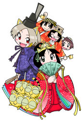 :&gt; animal_ear_fluff animal_ear_hairband animal_ear_hood animal_ears bandaid bandaid_on_face bandaid_on_nose black_eyes black_hair black_hat black_outline black_tail blush_stickers bow bright_pupils bun_cover closed_eyes coco_(toranoana) colored_inner_hair colored_sclera cooking_pot covered_mouth cub detached_hood double_bun fake_animal_ears fang floral_print floral_print_kimono floral_print_sleeves folding_fan full_body green_eyes green_sclera hair_between_eyes hair_bun hairband half_updo hand_fan hat headscarf hirabitai holding holding_cooking_pot holding_fan holding_sanbou hood japanese_clothes karaginu_mo kimono kotora_(toranoana) light_brown_hair long_sleeves miko_(toranoana) mukku_(mook-tv) multicolored_hair nonbiri_kotora obi official_art open_mouth orange_bow outline parted_bangs paw_print princess print_kimono print_sash purple_sleeves purple_sokutai red_eyes red_kimono red_sash red_sleeves ribbon_kotora ritual_baton sanbou sash second-party_source siblings simple_background sisters small_pupils sokutai straight_hair striped_fur striped_hair striped_hood striped_tail tail tamako_(toranoana) tate_eboshi tenugui tiger tiger_ears tongue tora_da_yo. torana toranoana white_background white_pupils wide_sleeves yellow_fur yellow_hairband yellow_hood yellow_tail