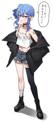 1girl asymmetrical_legwear bad_tag bare_shoulders bell black_jacket black_legwear blue_eyes blue_hair blush boots breasts camisole choker collarbone crop_top denim denim_shorts female hair_ornament hair_ribbon hololive hoshimachi_suisei jacket jacket_off_shoulders japanese_text korogoro_(mago0057) lace-up_boots looking_at_viewer midriff mismatched_legwear navel open_clothes open_jacket open_mouth ribbon short_shorts shorts single_legwear single_sock single_thighhigh small_breasts smile smug socks solo speech_bubble standing star_(symbol) tagme thighhighs translation_request twintails virtual_youtuber white_background