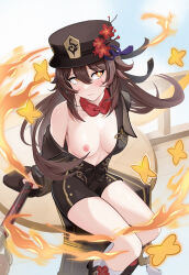 1girl absurdres black_hat black_shorts breasts brown_eyes brown_hair brown_jacket coattails commentary cup embarrassed fire flower flower-shaped_pupils genshin_impact hair_between_eyes hat hat_flower highres holding holding_cup hu_tao_(genshin_impact) jacket kneehighs long_sleeves mikazeze nipples open_mouth short_shorts shorts sitting small_breasts socks solo symbol-shaped_pupils tea teacup twintails white_socks