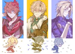 6+boys aether_(genshin_impact) ahoge aqua_shirt arm_ribbon artist_name aventurine_(honkai:_star_rail) baggy_pants baseball_bat black_boots black_coat black_collar black_gloves black_jacket black_pants black_shirt blonde_hair blue_background blue_eyes blue_jacket blush boots border braid brown_boots brown_gloves brown_jacket brown_pants brown_shirt brown_vest caelus_(honkai:_star_rail) chibi closed_eyes closed_mouth clothing_cutout coat coin collar collarbone collared_shirt commentary_request company_connection confetti crossover crystal crystal_earrings earrings floating_clothes full_body fur-trimmed_jacket fur_trim genshin_impact gloves gold_coin gold_ring gold_trim grey_hair grey_jacket grey_shoes hair_between_eyes hand_on_own_head heart_cutout holding holding_baseball_bat honkai:_star_rail honkai_(series) hugo_vlad implied_yaoi jacket jewelry lapels layered_sleeves long_hair long_sleeves looking_at_another looking_to_the_side low-braided_long_hair low-tied_long_hair maka_(mksrw) male_focus mask mask_on_head mihoyo multicolored_eyes multiple_boys necktie one_eye_closed open_clothes open_coat open_jacket open_mouth orange_hair outside_border pants pointy_ears purple_background purple_eyes purple_necktie purple_shirt red_mask red_scarf ribbon running scarf shadow shirt shoes short_hair short_over_long_sleeves short_sleeves simple_background single_earring smile sweatdrop t-shirt tartaglia_(genshin_impact) teeth trailblazer_(honkai:_star_rail) upper_body vest white_border white_scarf white_shirt wise_(zenless_zone_zero) yellow_background yellow_eyes zenless_zone_zero