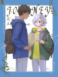 Rule 34 | 2boys, abyssal404, backpack, bag, bags under eyes, black eyes, black hair, blue border, blue eyes, border, character name, contemporary, copyright name, cowboy shot, curly hair, dark-skinned male, dark skin, dungeon meshi, elf, english text, grey hair, holding, holding map, hood, hooded jacket, hoodie, jacket, kabru, lazy eye, looking at another, male focus, map, map (object), mithrun, multiple boys, notched ear, pants, pointy ears, shirt, short hair, smile, uneven eyes