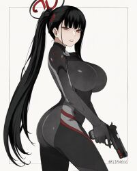 1girl ass bake_ryori black_bodysuit black_hair blue_archive bodysuit breasts bright_pupils commentary_request eyelashes from_side gun halo handgun high_ponytail highres holding holding_gun holding_weapon inset_border large_breasts long_hair looking_at_viewer parted_lips ponytail red_eyes ringed_eyes rio_(blue_archive) simple_background skin_tight solo twitter_username very_long_hair weapon white_background white_pupils