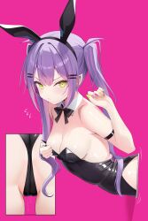 1girl =_hair_ornament absurdres animal_ear_hairband animal_ears arm_strap barbell_piercing bare_shoulders black_bow black_bowtie black_hairband black_leotard bow bowtie breasts cameltoe center-flap_bangs cleavage closed_mouth commentary_request covered_navel demon_girl detached_collar double-parted_bangs ear_piercing earrings fake_animal_ears flying_sweatdrops from_side green_eyes green_nails hair_between_eyes hair_ornament hairband hairclip hand_up highleg highleg_leotard highres hololive industrial_piercing jewelry leotard long_hair looking_at_viewer medium_breasts multicolored_hair multiple_views nail_polish nekonosuke paid_reward_available partially_visible_vulva piercing pink_hair pink_nails playboy_bunny pointy_ears purple_hair pussy_juice rabbit_ear_hairband rabbit_ears sideboob simple_background solo strapless strapless_leotard streaked_hair through_wall tokoyami_towa twintails v-shaped_eyebrows virtual_youtuber wing_collar