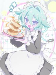 1girl anzen_robo_(474zz) apron black_dress blue_eyes commentary_request dress food green_hair hair_intakes looking_at_object maid_apron maid_headdress maple_syrup notice_lines open_mouth original pancake pancake_stack plate solo white_apron