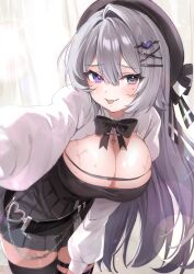 1girl :p absurdres bat_hair_ornament black_bow black_bowtie black_hat black_shirt black_skirt bow bowtie breasts chain cleavage double-parted_bangs fang gradient_hair grey_eyes grey_hair hair_between_eyes hair_ornament hairclip hat hat_bow heart_belt_buckle heterochromia highres indie_virtual_youtuber kametaro_uu large_breasts leaning_forward light_blush long_hair mole mole_under_eye multicolored_hair pleated_skirt purple_eyes purple_hair second-party_source shirt shrug_(clothing) skirt solo thigh_strap tongue tongue_out very_long_hair virtual_youtuber white_shrug yuase_(vtuber)