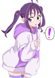 ! 1girl absurdres ahoge cowboy_shot drawstring hakuino_hakase highres hood hood_down hoodie kimi_to_idol_precure long_hoodie long_sleeves looking_at_viewer medium_hair open_mouth precure purple_hair purple_hoodie shigure_kokoro simple_background solo spoken_exclamation_mark standing thighhighs twintails white_background white_thighhighs