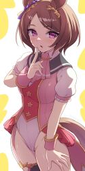 Rule 34 | 1girl, absurdres, adapted costume, animal ears, brown hair, character request, cowboy shot, finger to mouth, hashtag-only commentary, highres, horse ears, horse tail, index finger raised, leotard, multicolored leotard, pataneet, pink eyes, puffy short sleeves, puffy sleeves, short hair, short sleeves, solo, tail, umamusume, wrist cuffs