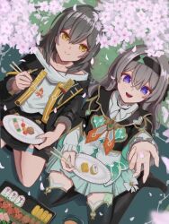 2girls aqua_dress aqua_thighhighs bento black_hairband black_jacket black_skirt cherry_blossoms chopsticks collared_dress cropped_jacket dress eating falling_petals firefly_(honkai:_star_rail) grey_hair hair_between_eyes hair_intakes hairband holding holding_chopsticks holding_petal holding_plate holding_with_chopsticks honkai:_star_rail honkai_(series) jacket kneeling miniskirt multiple_girls neckerchief no_shoes open_clothes open_jacket open_mouth orange_neckerchief paper_plate petals picnic picnic_blanket plate reaching skirt smile stelle_(honkai:_star_rail) teeth thigh_strap thighhighs toki78288809 trailblazer_(honkai:_star_rail) upper_teeth_only yellow_eyes