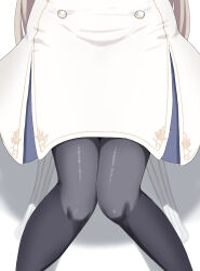 1girl black_pantyhose blue_archive brown_hair dress from_above highres knees_together_feet_apart legs long_hair lower_body nagisa_(blue_archive) pantyhose sitting solo unamaso white_dress