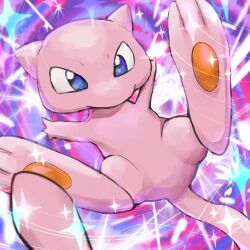 Rule 34 | absurdres, blue eyes, colored skin, gen 1 pokemon, highres, legendary pokemon, mew (pokemon), mythical pokemon, nintendo, no humans, pink skin, pokemon, pokemon (creature), solo, sparkle, spicyichizo, tail