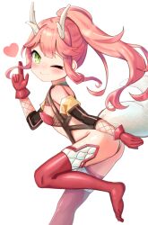 absurdres akimiya_yamiku azur_lane closed_mouth commission dragon_girl dragon_horns dragon_tail flat_chest gloves green_eyes heart highres horns loli long_hair looking_at_viewer nipples no_shoes one_eye_closed pink_hair pixiv_commission ponytail red_gloves red_thighhighs ryuujou_(azur_lane) simple_background tail thighhighs white_background